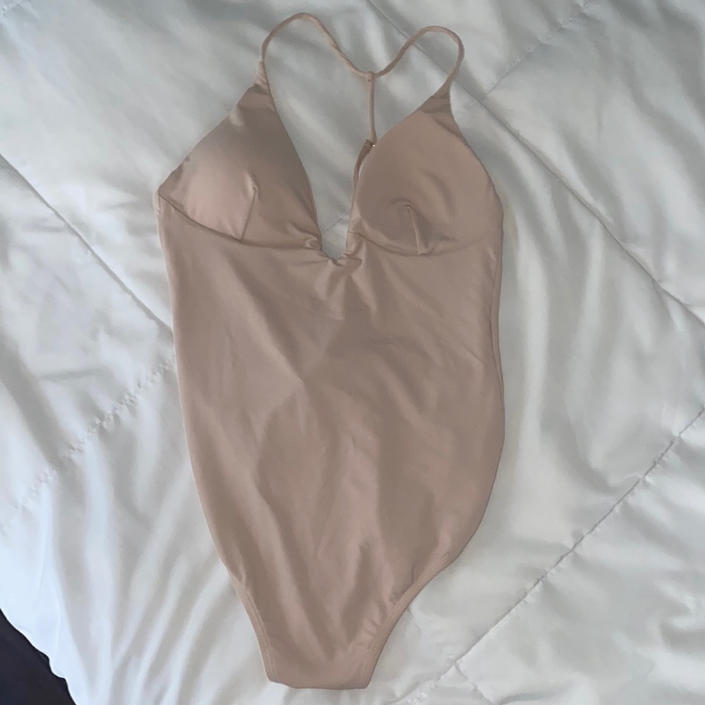 Rose nude, Plunge, open back one piece swimsuit! NWT